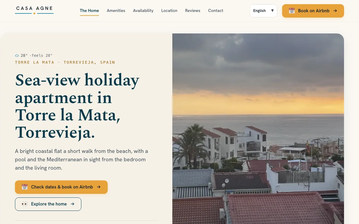 Casa Agne's live listing page — sea-view apartment hero photo, location line, and direct-booking CTAs