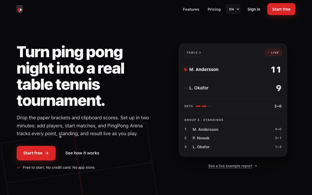 PingPong Arena's live dashboard — a real match score, sets, and group-stage standings updating in real time
