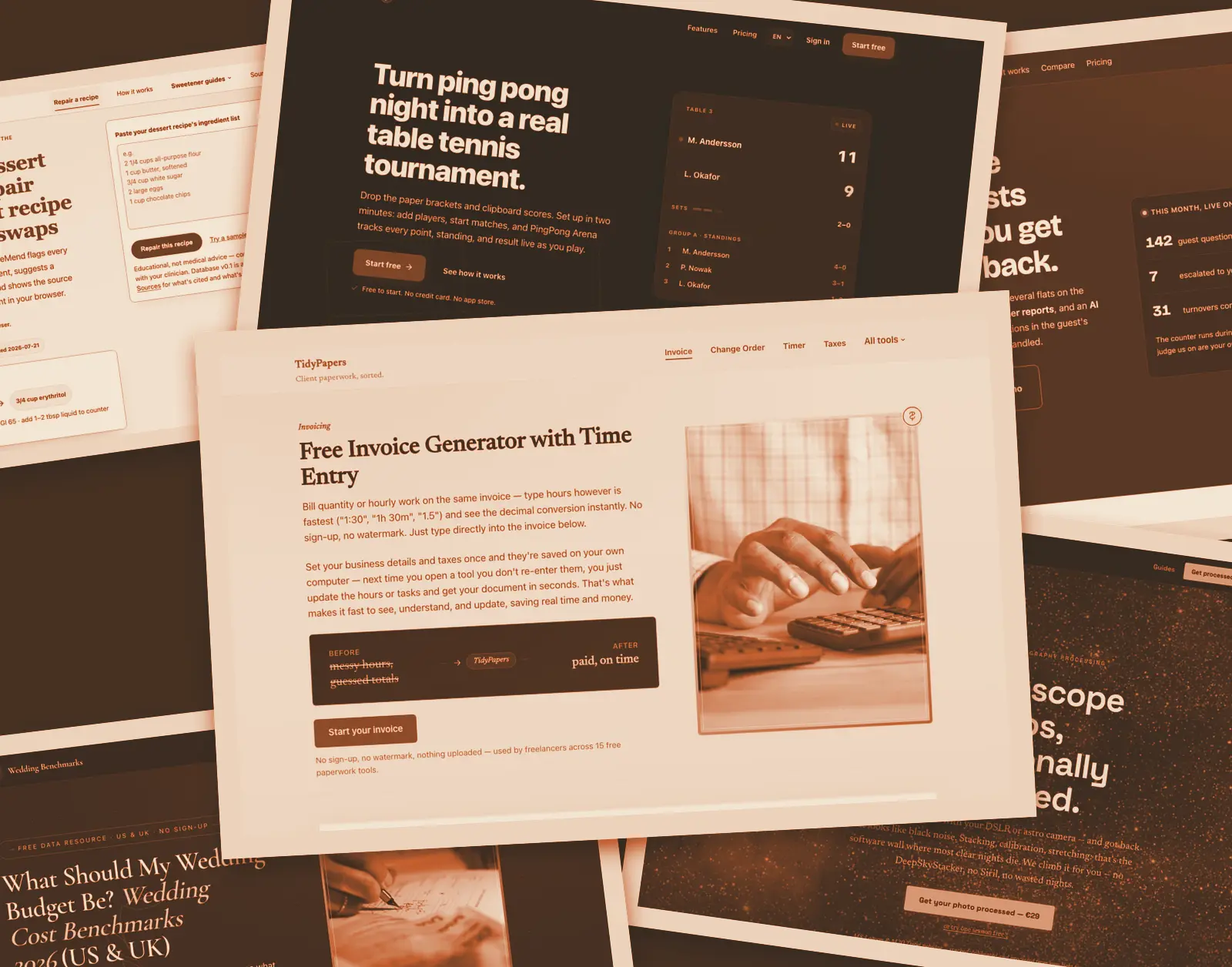 Collage of six live Boldnsmart products — real screenshots of TidyPapers, PingPong Arena, Astro Easy Mode, RecipeMend, Wedding Benchmarks and Beenido, duotone-treated