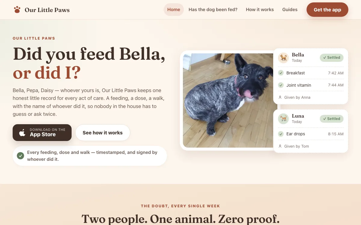 Our Little Paws site showing the iOS pet-care app and its shared care log