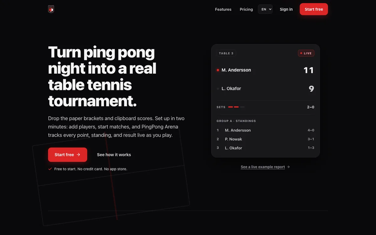 PingPong Arena tournament management dashboard