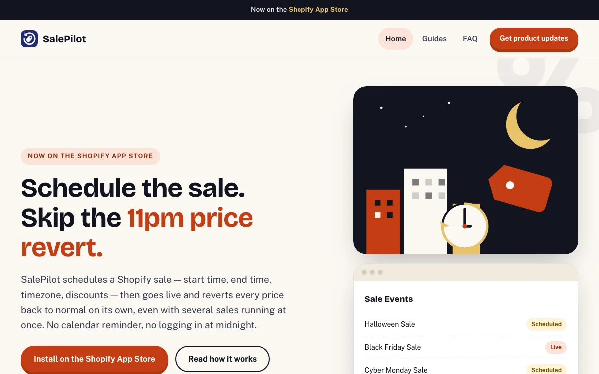 SalePilot site showing the Shopify app that schedules sales
