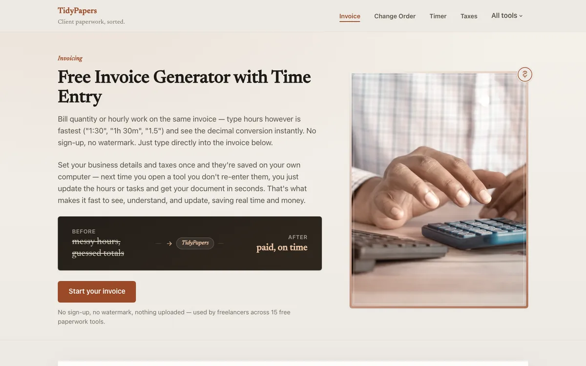 TidyPapers site showing its suite of freelancer document tools