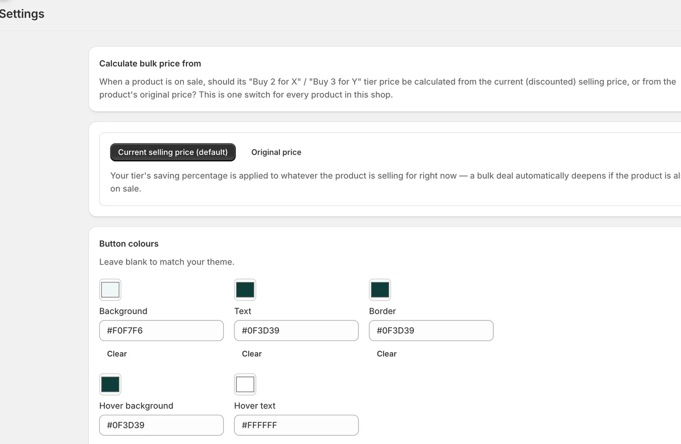 BulkPilot Settings: Calculate bulk price from, with Current selling price (default) and Original price, and Button colours with Background, Text, Border, Hover background and Hover text fields, each with a colour swatch and a Clear button.