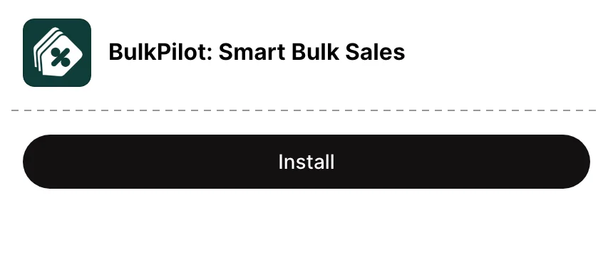The BulkPilot: Smart Bulk Sales listing on the Shopify App Store at phone width, with the app icon, the app name and a black Install button.