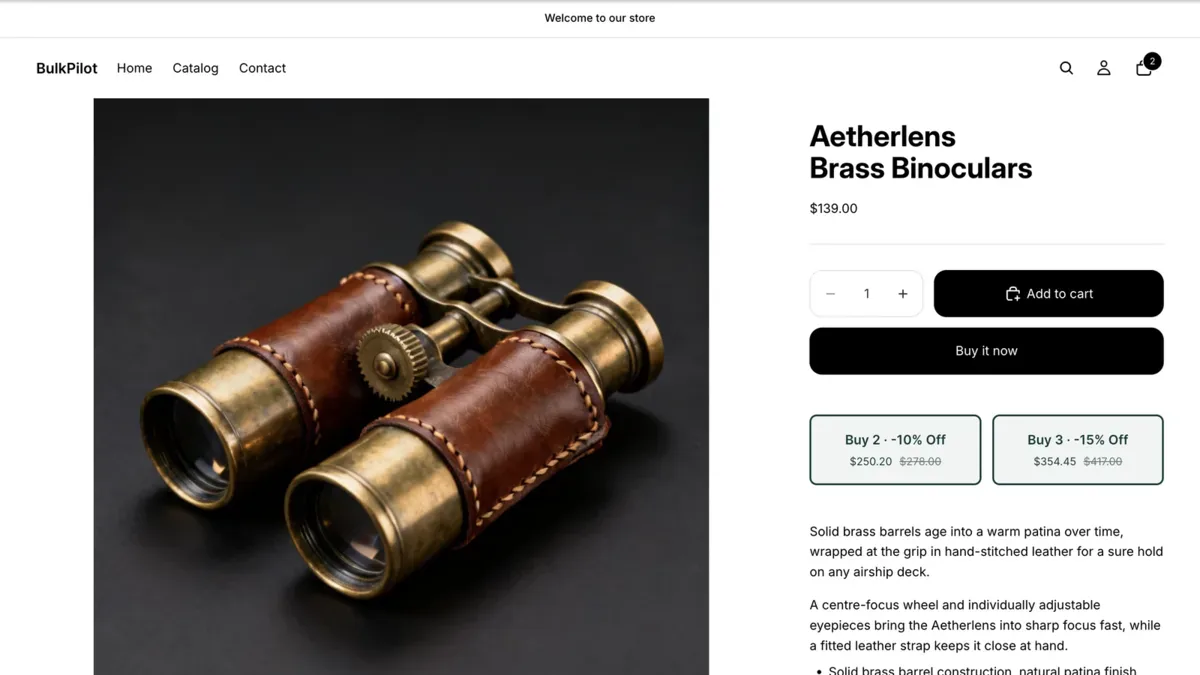 Demo store product page for Aetherlens Brass Binoculars with two BulkPilot buttons under Add to cart: Buy 2 at 10% off and Buy 3 at 15% off, each with its total and the regular price struck through.