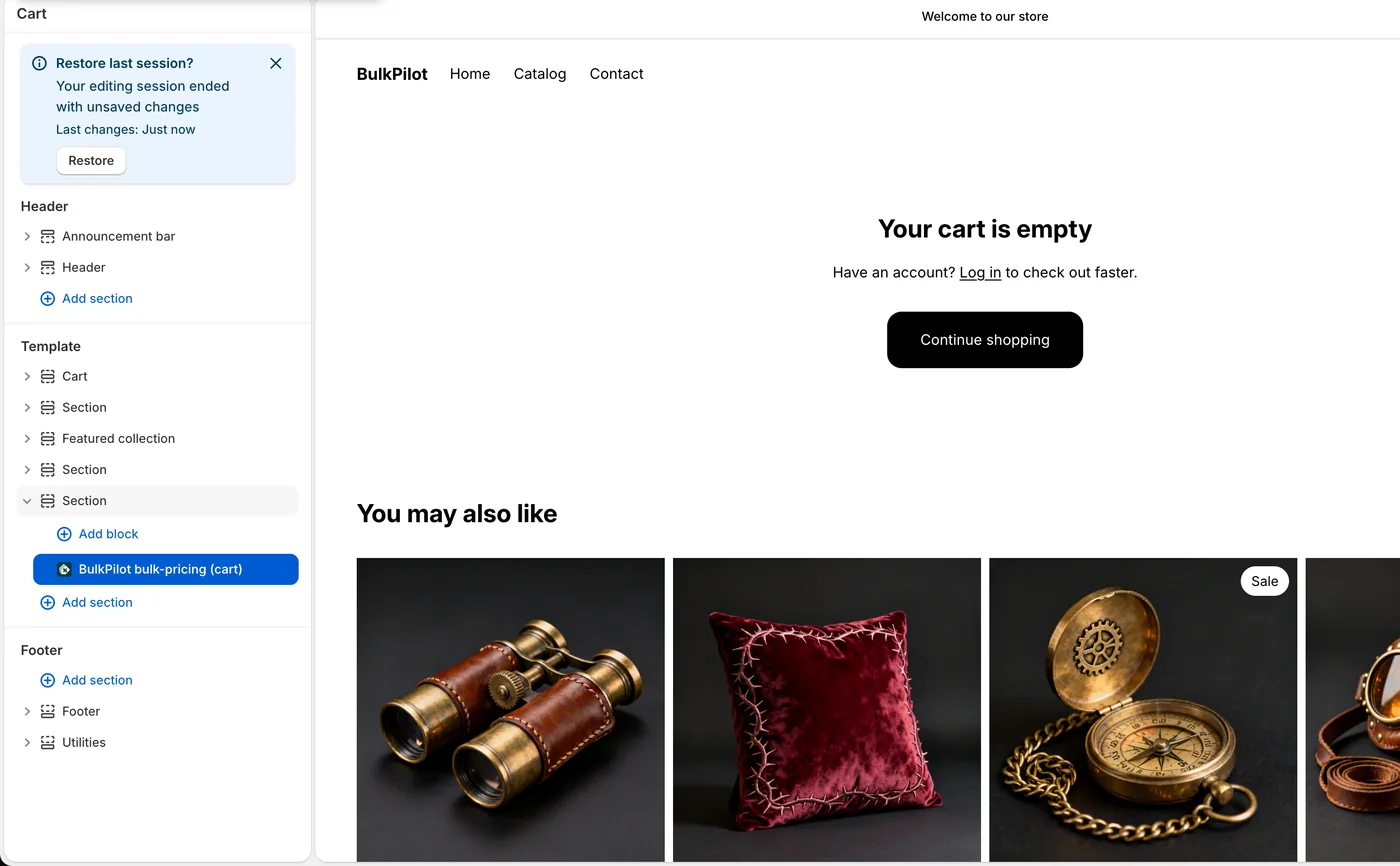 Shopify theme editor on the cart template, with the BulkPilot bulk-pricing (cart) app block selected in the section list and the cart page preview on the right.