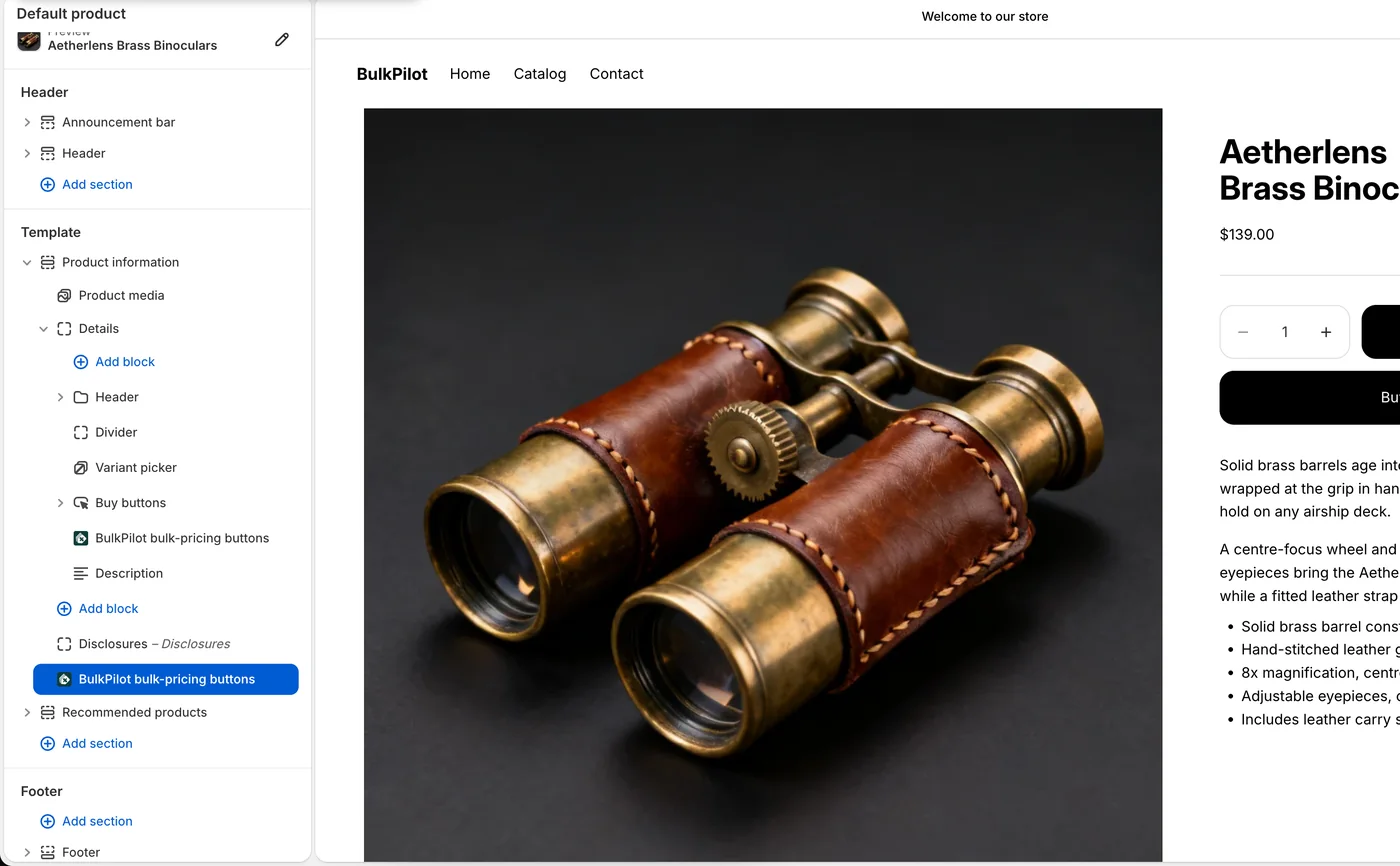 Shopify theme editor on a product template, with the BulkPilot bulk-pricing buttons app block selected in the block list, placed under the Buy buttons, and the product page preview on the right.