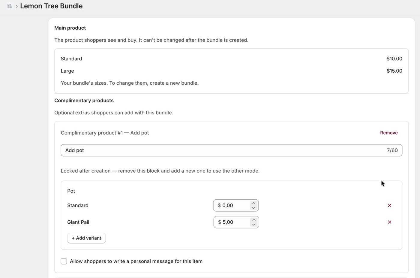 BundlePilot bundle editor for a Lemon Tree Bundle: the main product with Standard and Large sizes and their prices, and a complimentary product block named Add pot with Standard and Giant Pail options, each with its extra charge, and a checkbox to allow a personal message.