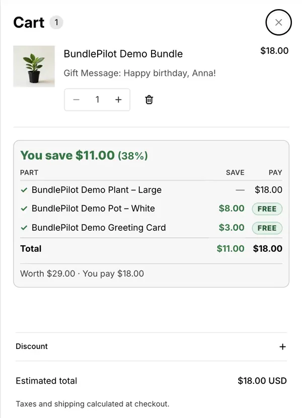 Demo store cart drawer with a BundlePilot Demo Bundle and its gift message, and a You save $11.00 card listing each part, its saving and what the shopper pays.