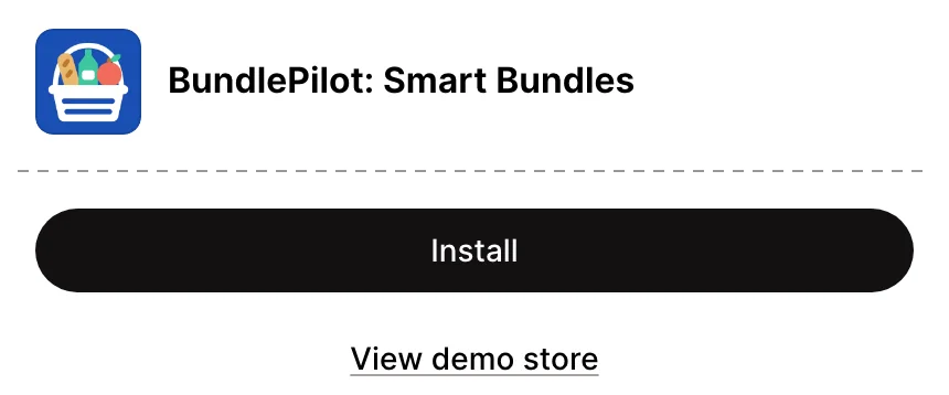 The BundlePilot: Smart Bundles listing on the Shopify App Store at phone width, with the app icon, the app name, a black Install button and a View demo store link.