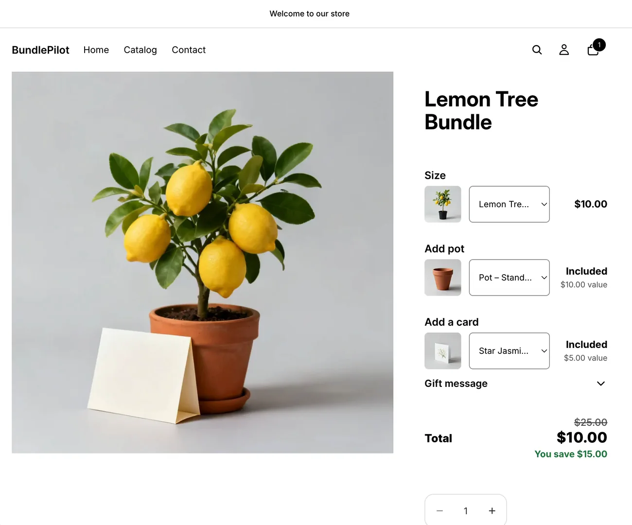 Demo store product page with the BundlePilot builder: Lemon Tree Bundle with a size choice, an included pot and an included card, a total of $10.00 with $25.00 struck through and the line You save $15.00.