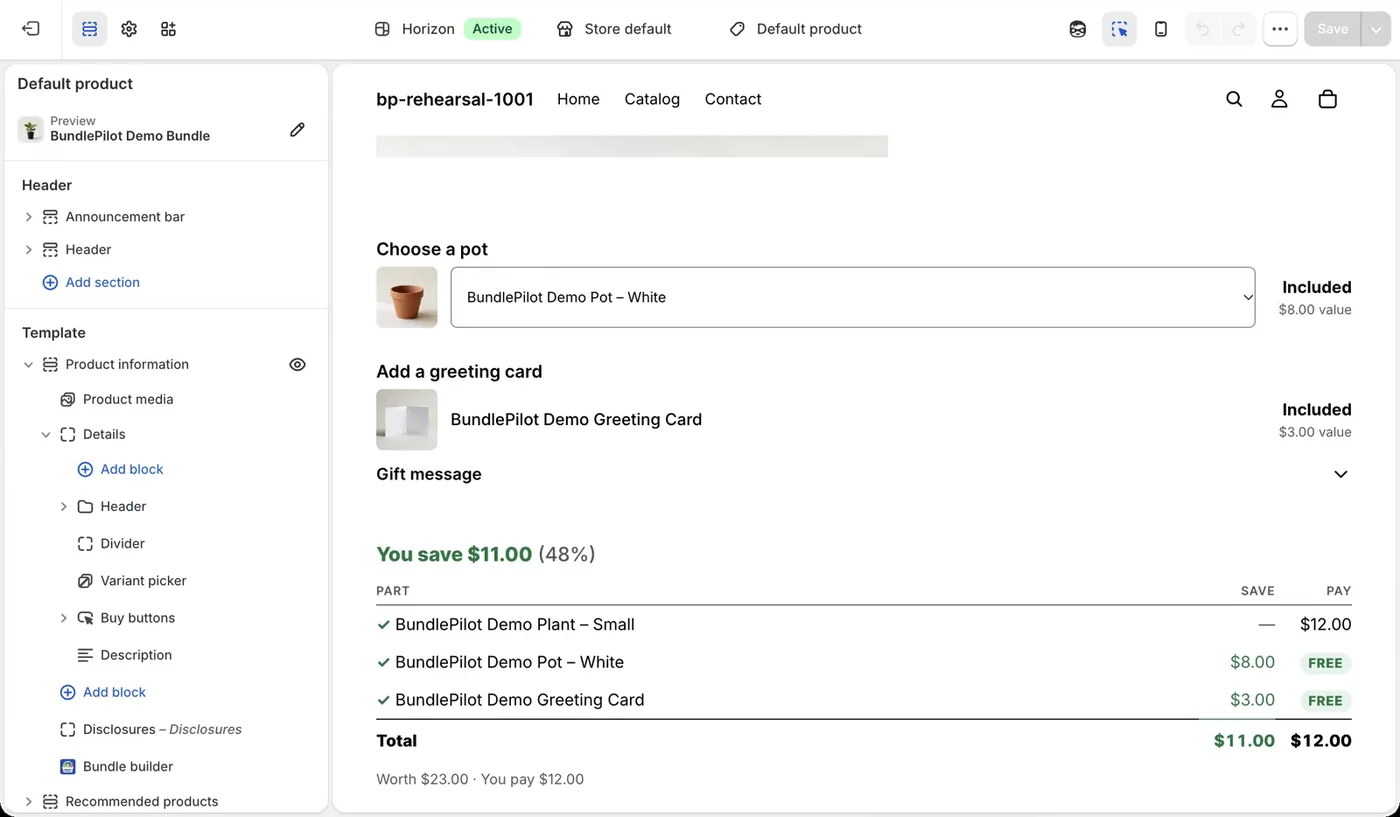 Shopify theme editor with the Bundle builder app block in the product template list, and the preview showing Choose a pot, Add a greeting card, a gift message field and You save $11.00 with each part and its price.