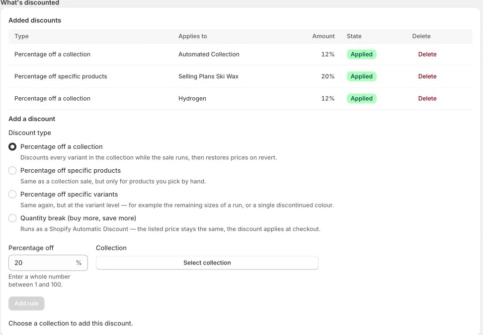 SalePilot What’s discounted section: a table of added discounts with type, collection, amount and state Applied, then the Add a discount form with four discount types, a Percentage off field set to 20 and a Select collection button.