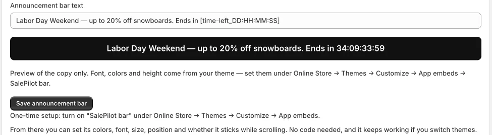 SalePilot Announcement bar panel: the bar text field with a countdown token, a live preview of the black bar reading up to 20% off snowboards, ends in a countdown, and the Save announcement bar button.