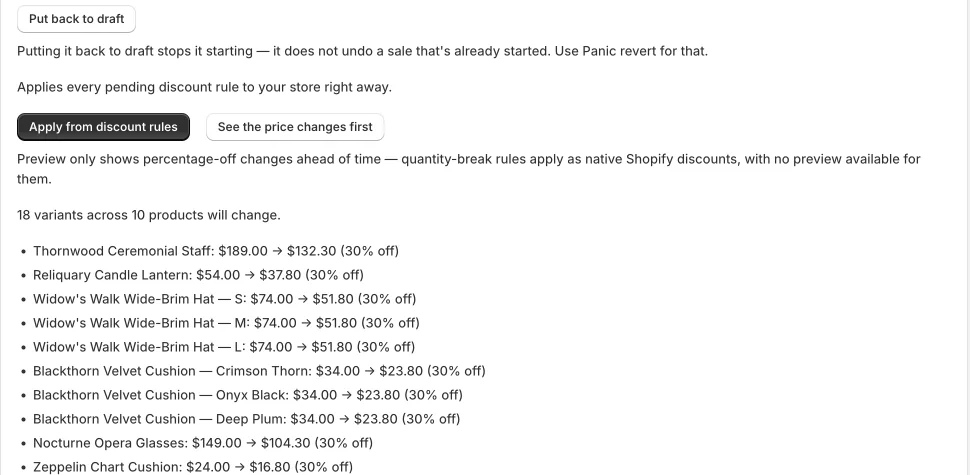 SalePilot Go live section with the buttons Put back to draft, Apply from discount rules and See the price changes first, and a preview list: 18 variants across 10 products will change, each with its regular price, its sale price and 30% off.