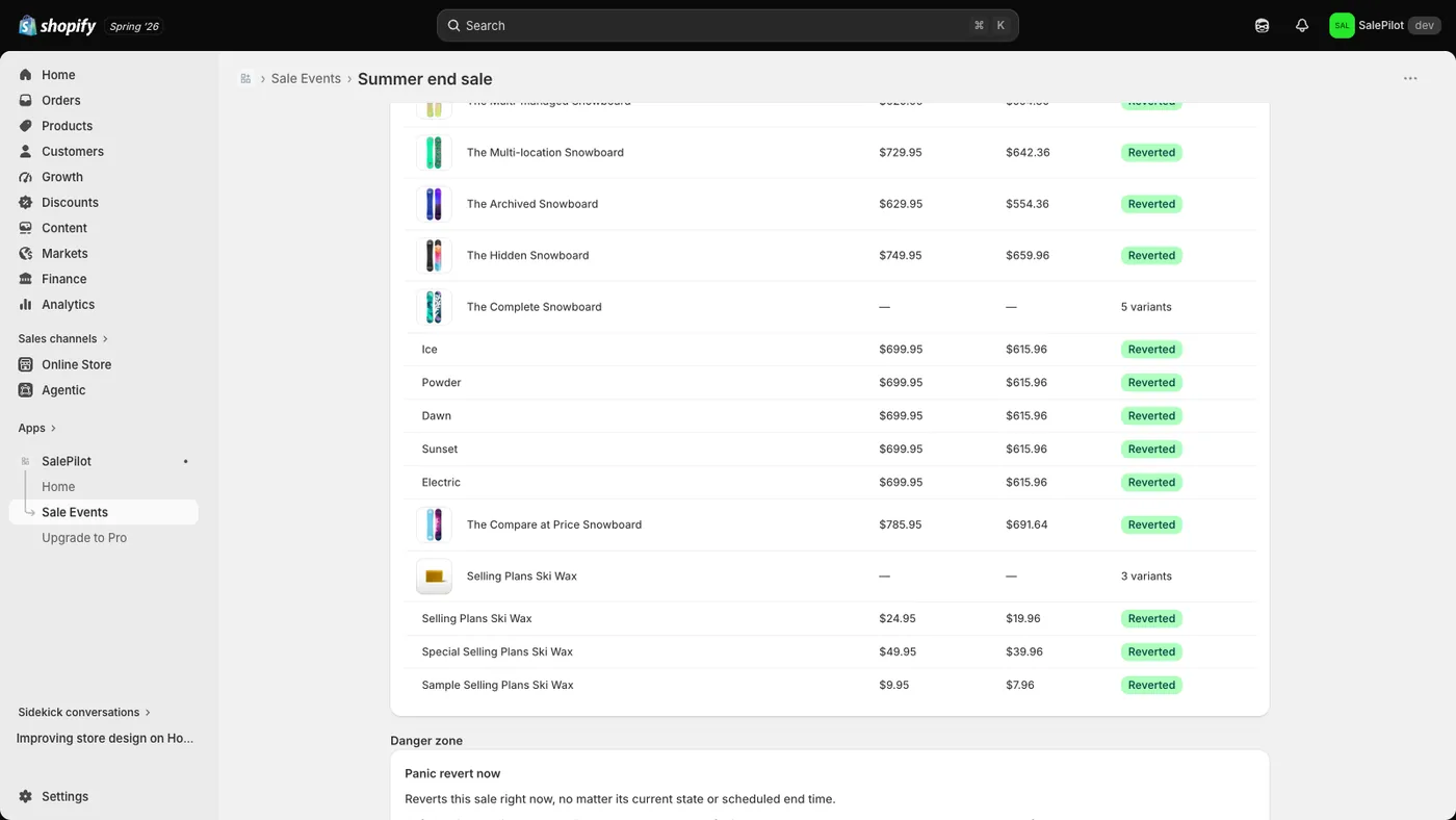 SalePilot revert report in the Shopify admin, listing each product the sale changed with its sale price, its regular price and the status Reverted.