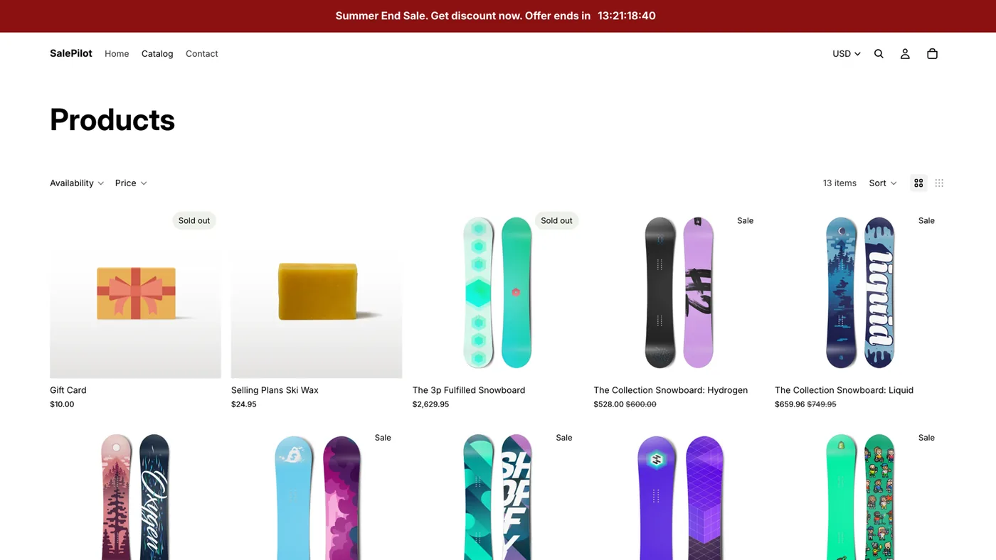 Demo store collection page during a sale, with the theme’s Sale badges on the discounted products.