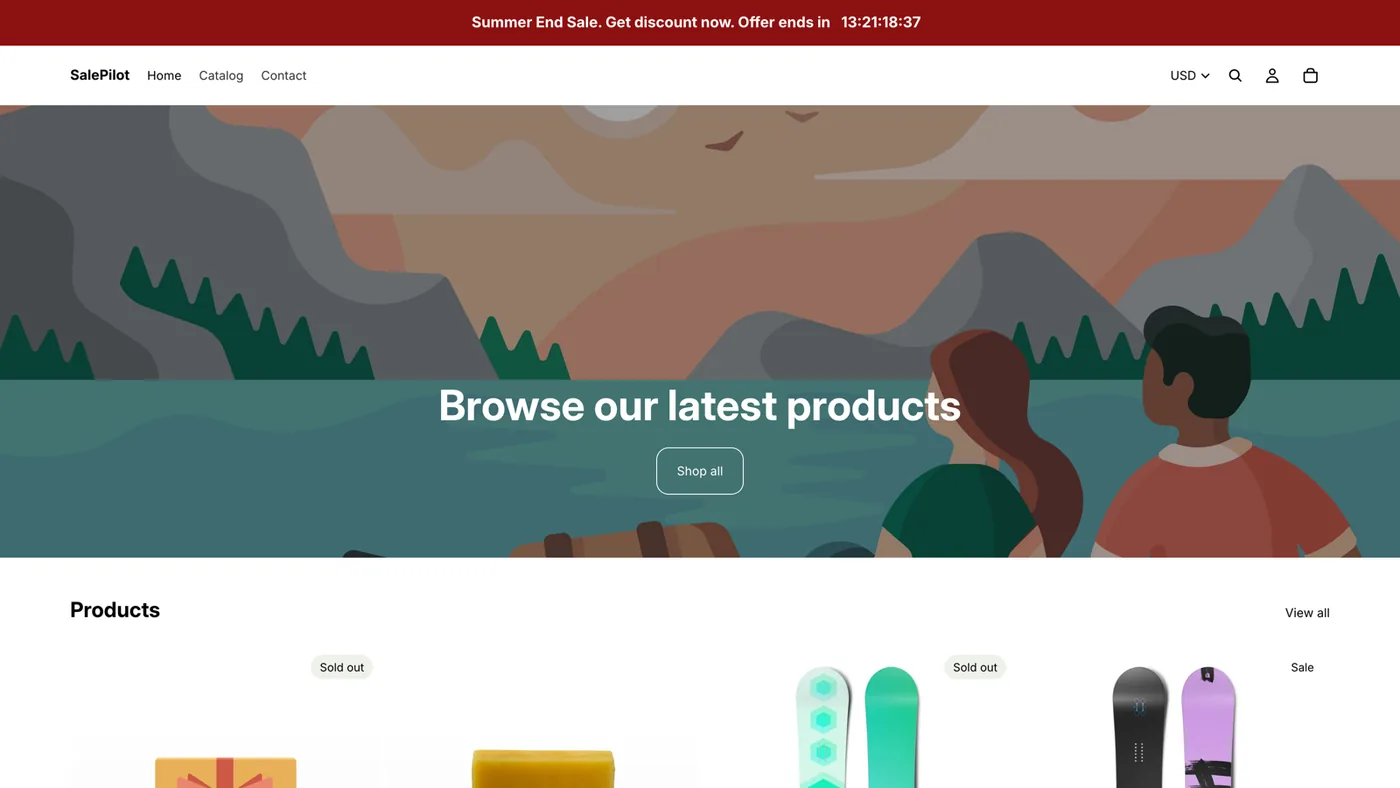 Demo store home page with the SalePilot countdown bar across the top: Summer End Sale, get the discount now, offer ends in a live countdown.